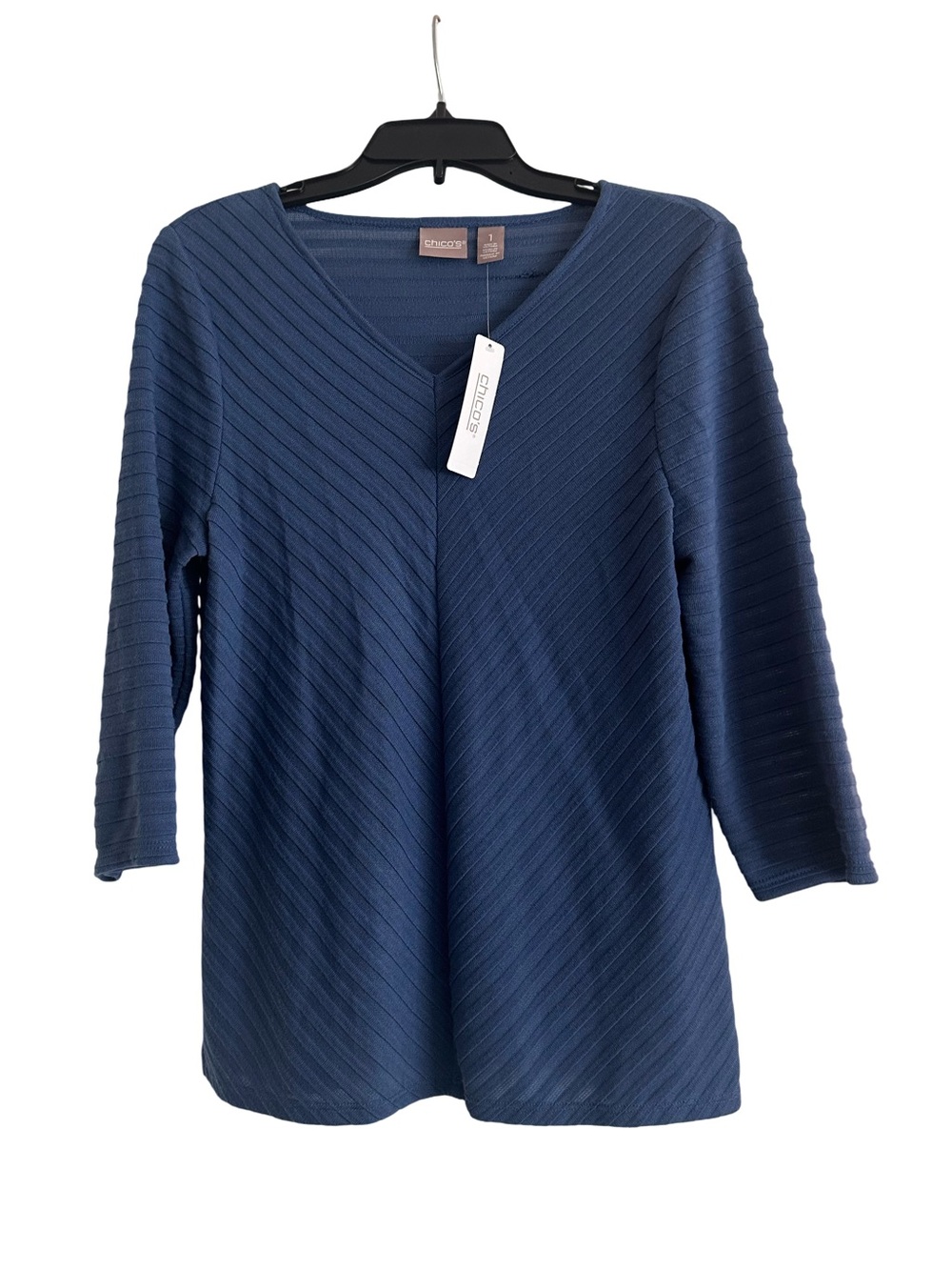 NWT Chico's "Lakeside Blue" Soft Ribbed Knit V‑Neck 3/4 Sleeve Miterd Tunic Top